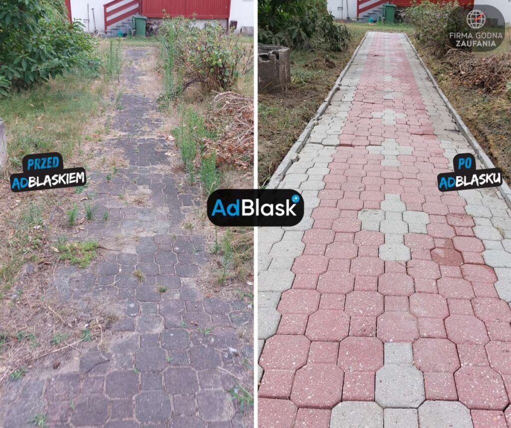 Wąska alejka z kostki brukowej przed i po czyszczeniu –zniszczona, ciemna nawierzchnia zmieniona w jasną, zadbaną ścieżkę.