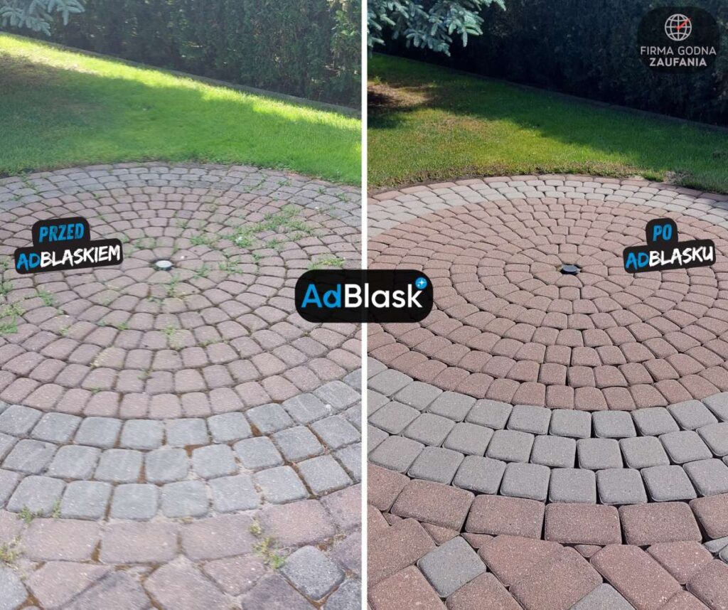 Czyszczenie kostki brukowej przed i po czyszczeniu, usunięte zabrudzenia i chwasty między kostkami.