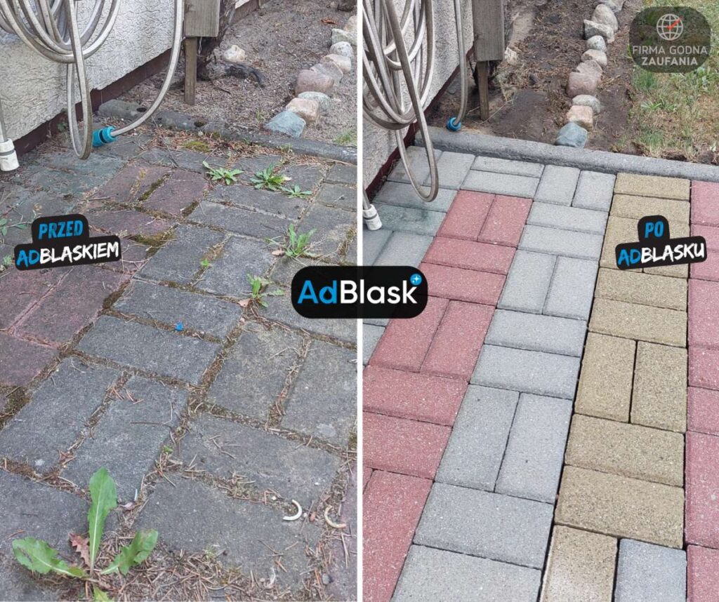 Czyszczenie kostki brukowej Poznań przy ścianie domu, usunięcie chwastów i brudu