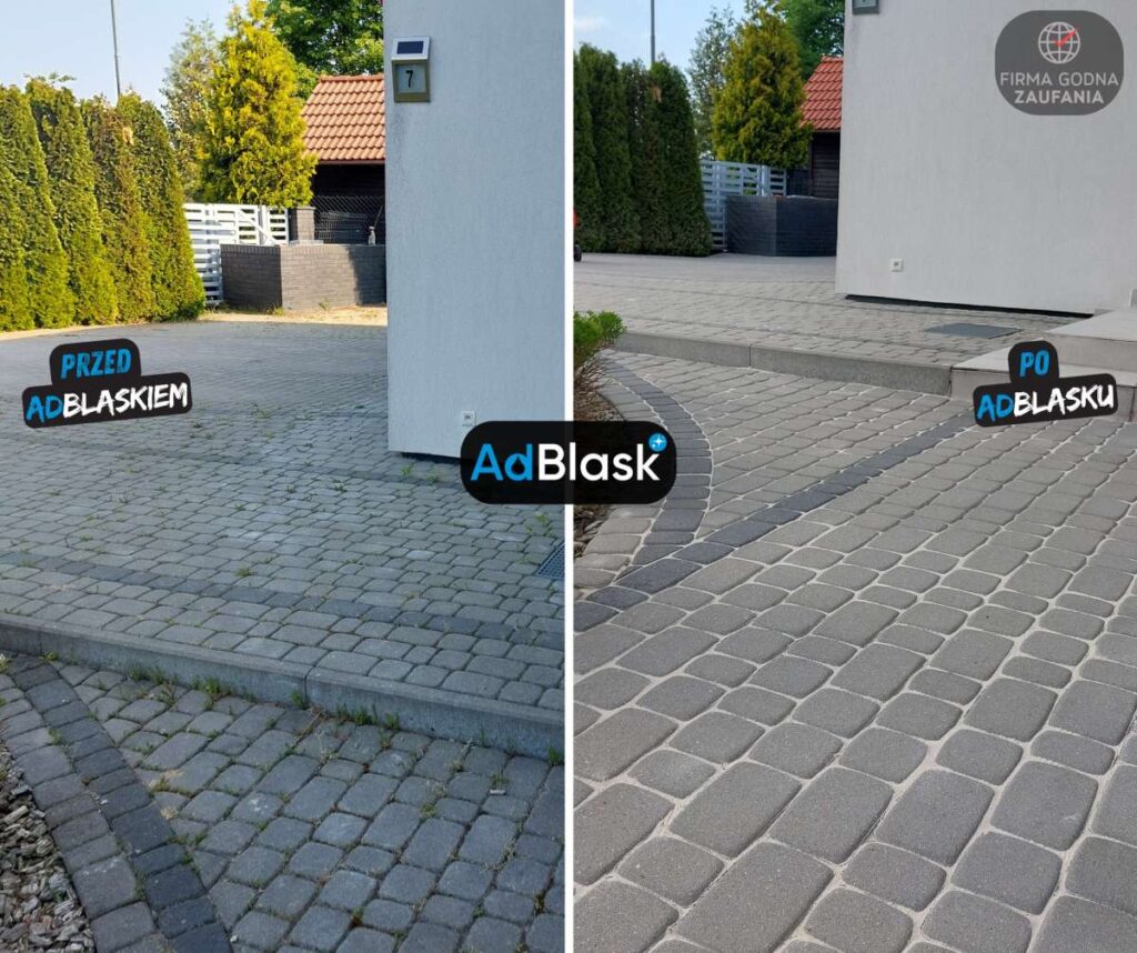 Czyszczenie kostki brukowej Poznań na szarej kostce przy nowoczesnym domu