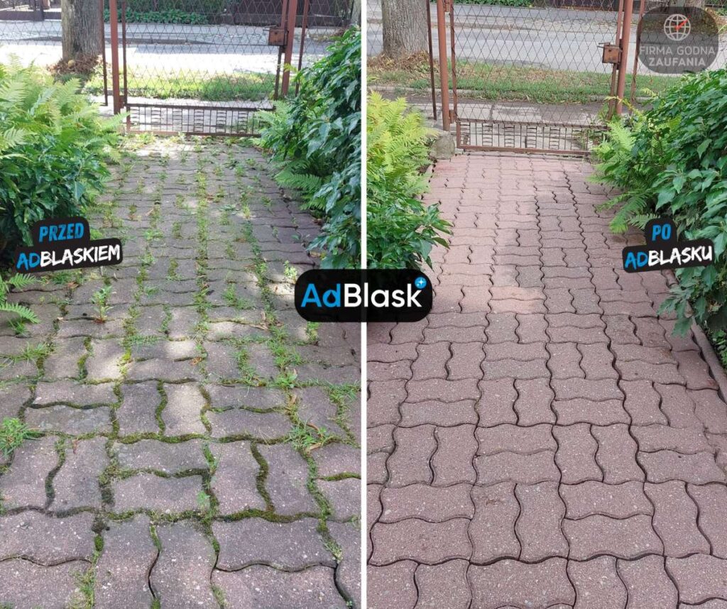Chodnik z kostki brukowej przed i po usunięciu chwastów oraz myciu ciśnieniowym
