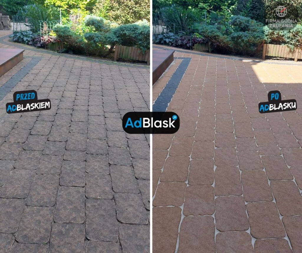 Taras z kostki brukowej przed i po myciu duża różnica koloru i czystości, AdBlask