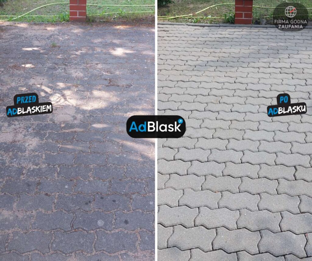 Czyszczenie kostki brukowej Toruń plac z kostki drogowej przed i po myciu wysokociśnieniowym