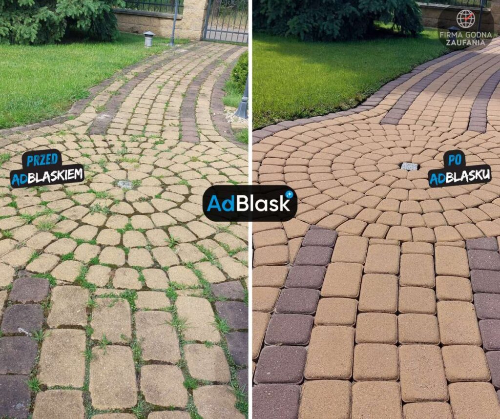 Czyszczenie kostki brukowej Włocławek ozdobny wzór z kostki przed i po usunięciu chwastów
