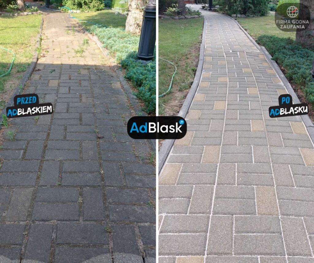Czyszczenie kostki brukowej Włocławek, ścieżka ogrodowa przed i po myciu talerzem