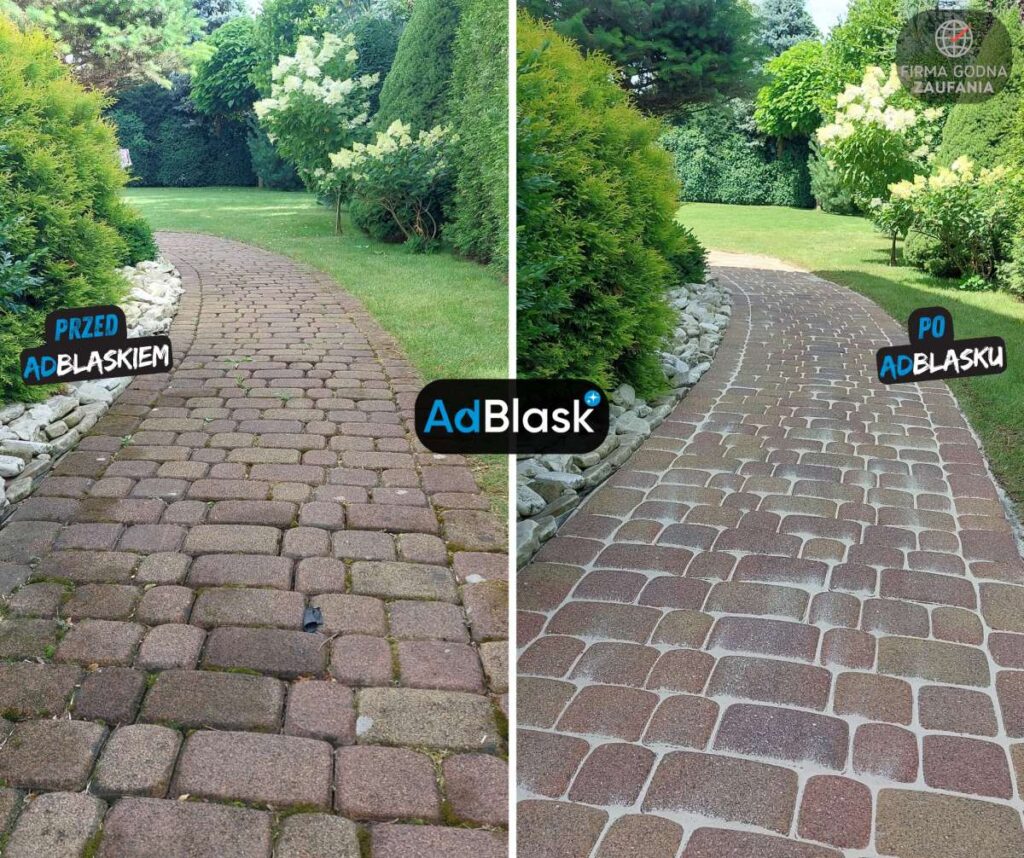 Alejka ogrodowa z kostki brukowej przed i po profesjonalnym myciu realizacja AdBlask