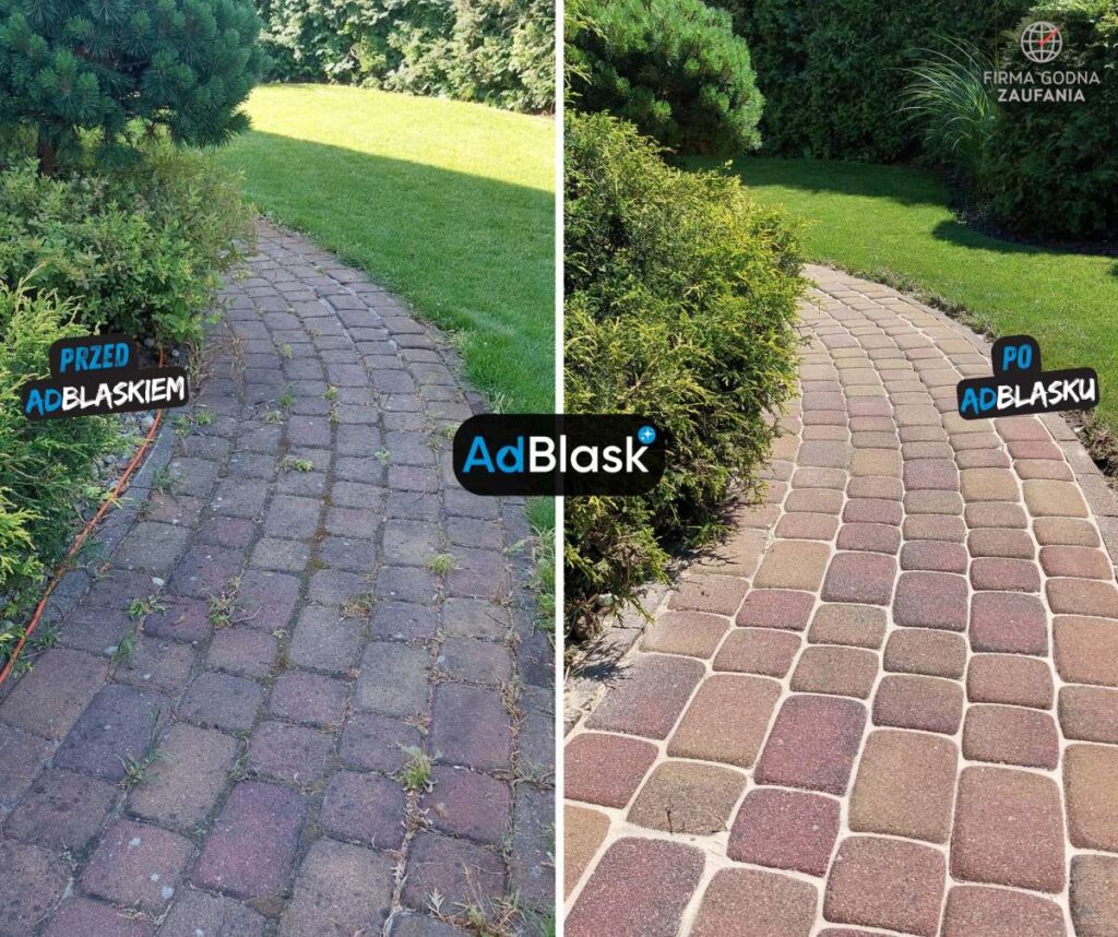 Impregnacja kostki brukowej - ścieżka ogrodowa z kostki brukowej przed i po 