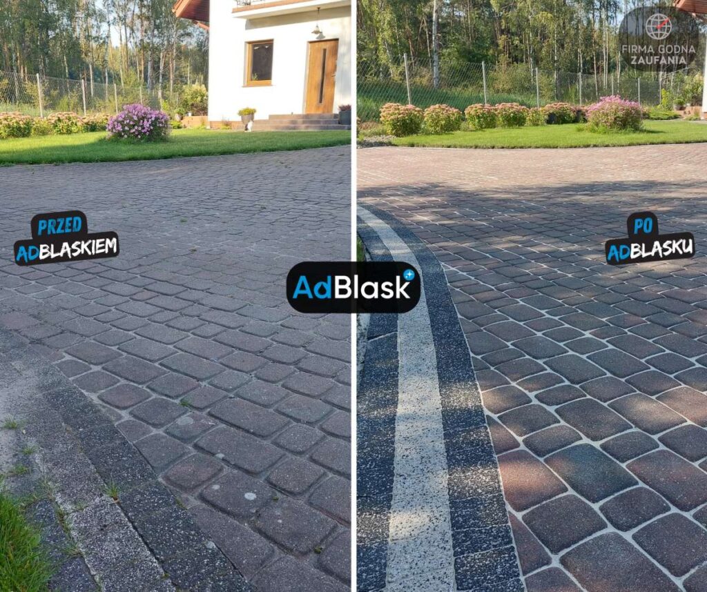Plac przed domem z kostki brukowej przed i po myciu, odświeżona nawierzchnia z wyraźnym rysunkiem wzoru.