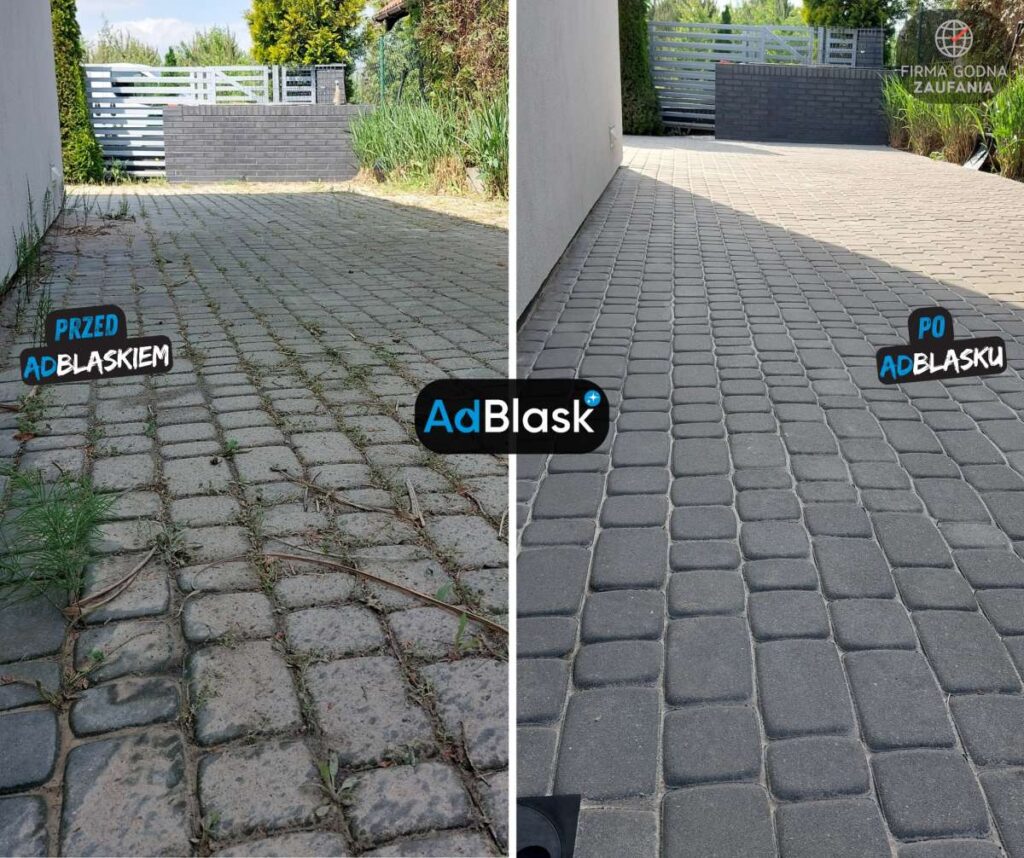 Wjazd do garażu z szarej kostki brukowej przed i po profesjonalnym myciu czysta powierzchnia bez zabrudzeń.