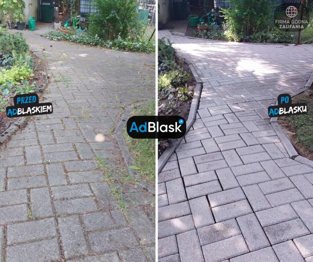 Mycie chodnika ogrodowego z kostki brukowej, porównanie przed i po, AdBlask Grudziądz