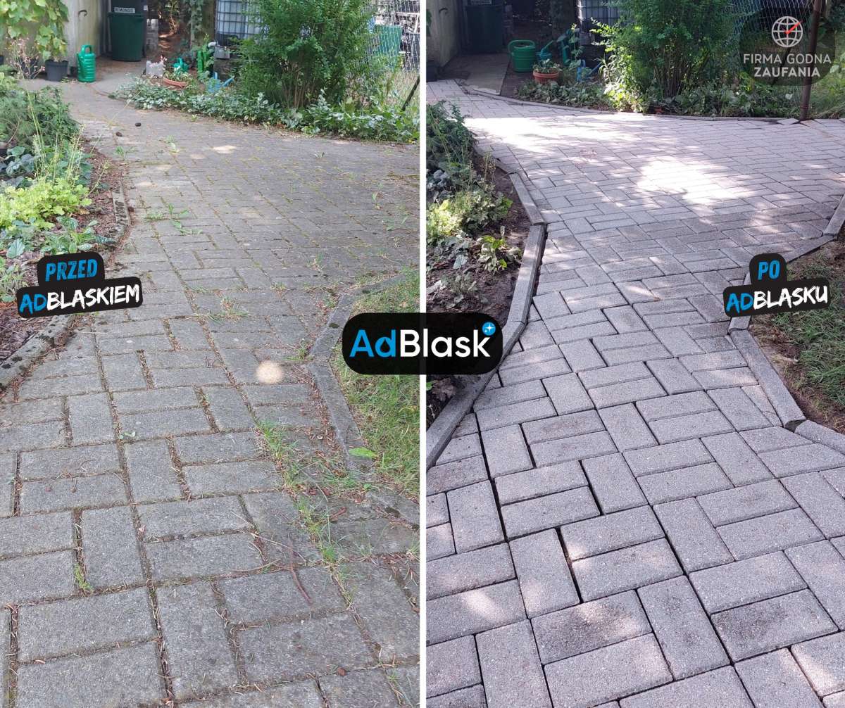 Mycie chodnika ogrodowego z kostki brukowej, porównanie przed i po, AdBlask Grudziądz