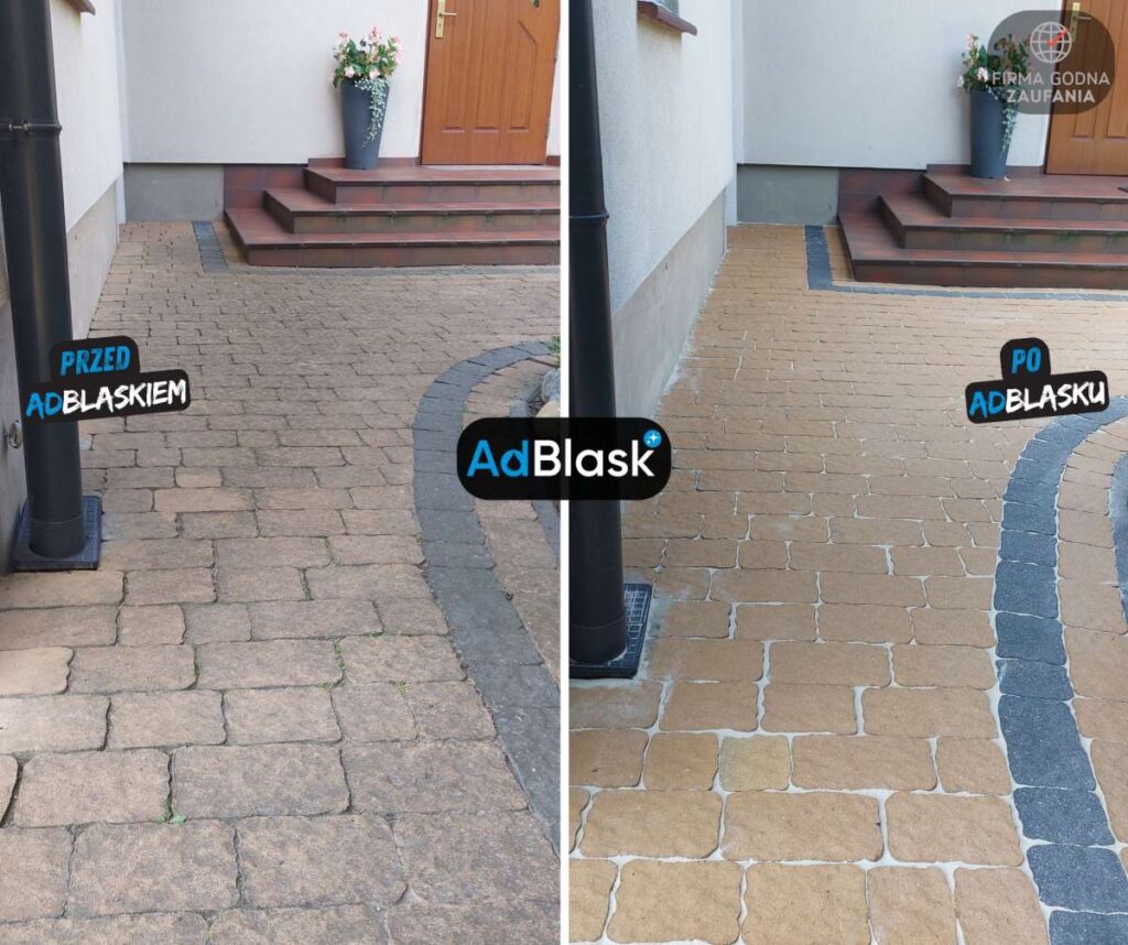 Mycie kostki brukowej na podjeździe przed i po czyszczeniu, AdBlask Grudziądz
