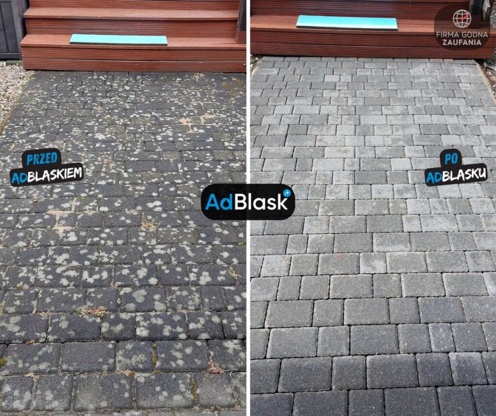 Usuwanie glonów i plam z kostki brukowej, mycie przed i po, AdBlask Grudziądz