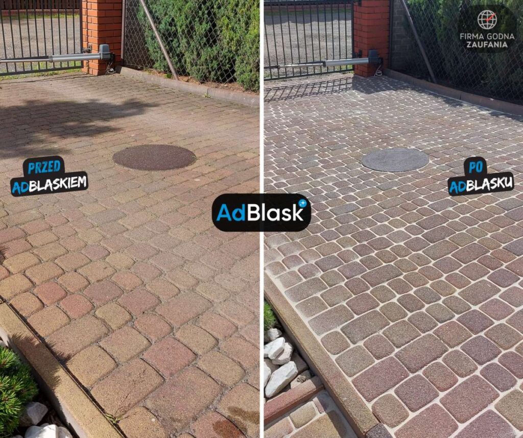 Czyszczenie kostki brukowej przy wjeździe do posesji, efekt przed i po Grudziądz