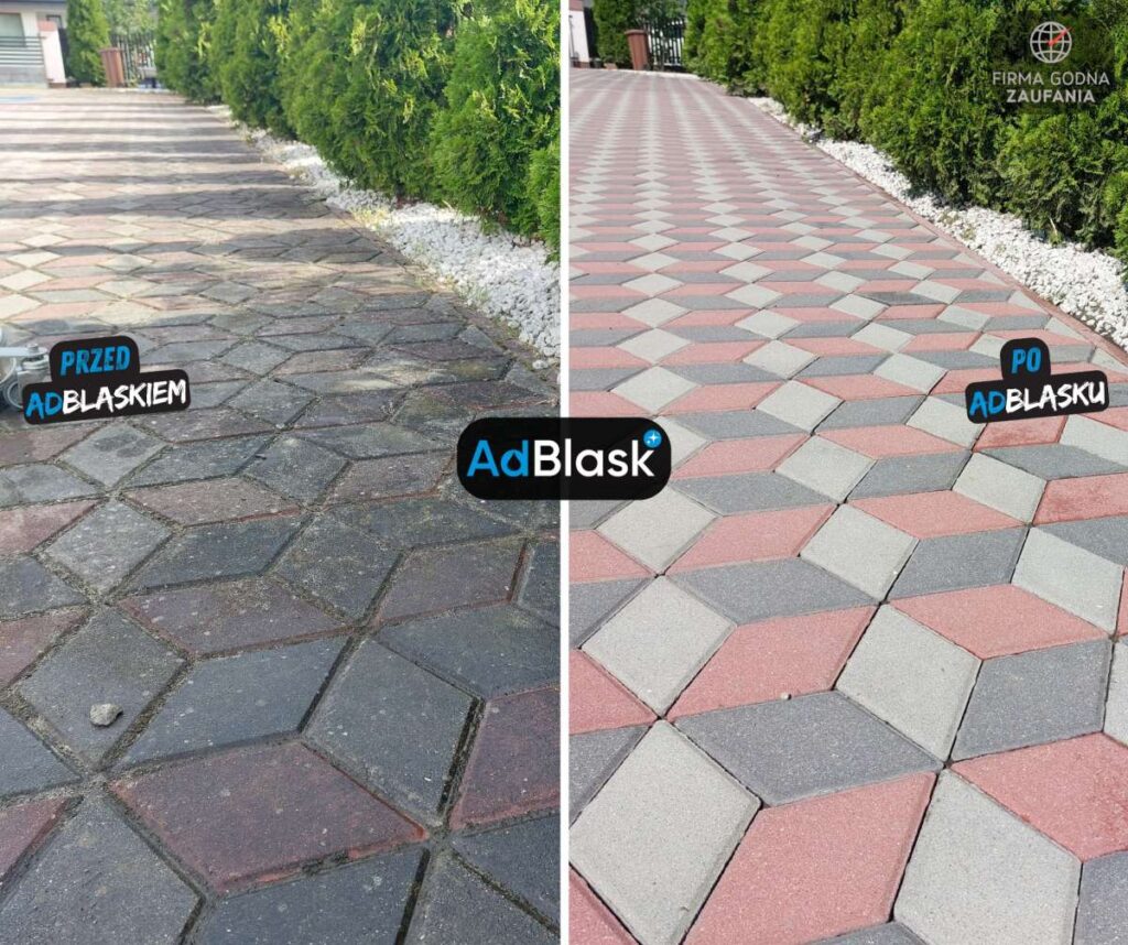 Mycie kostki brukowej Poznań – czysta kostka w geometryczny wzór po czyszczeniu