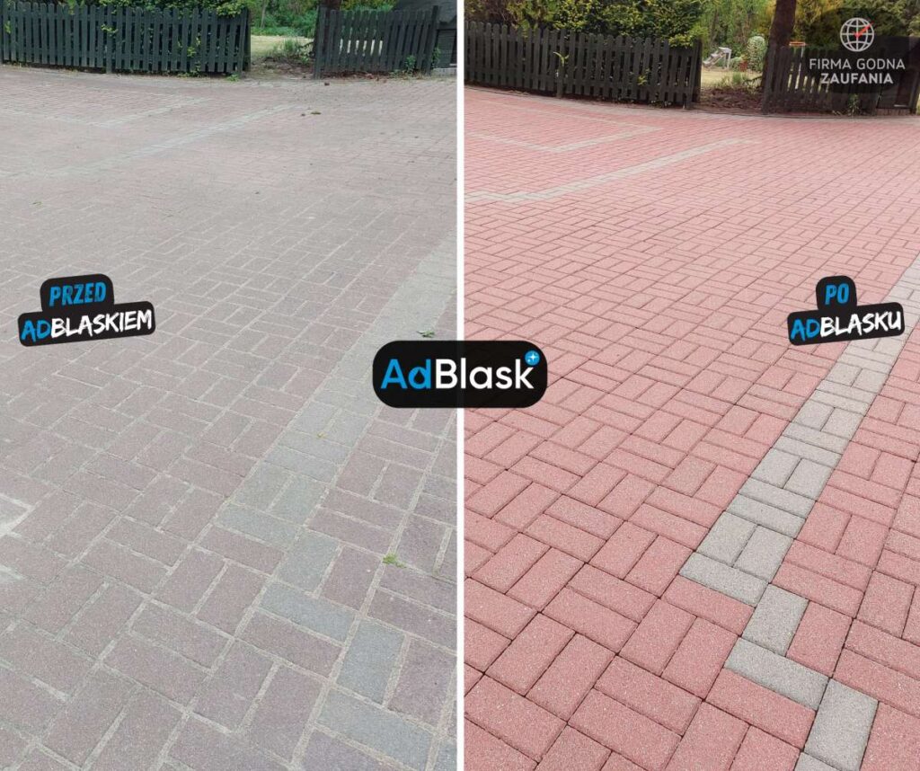 Mycie kostki brukowej Poznań, efekt przed i po na dużym podjeździe