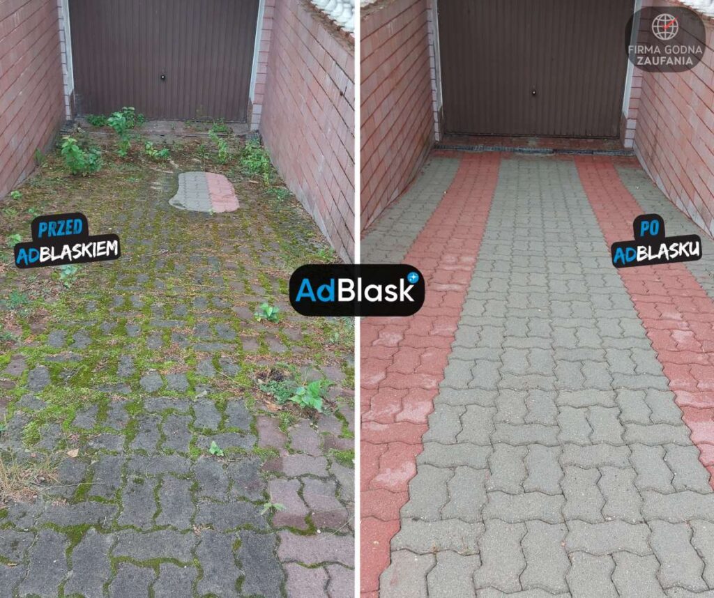 Zjazd do garażu z kostki brukowej przed i po usunięciu mchu oraz myciu, efekt AdBlask