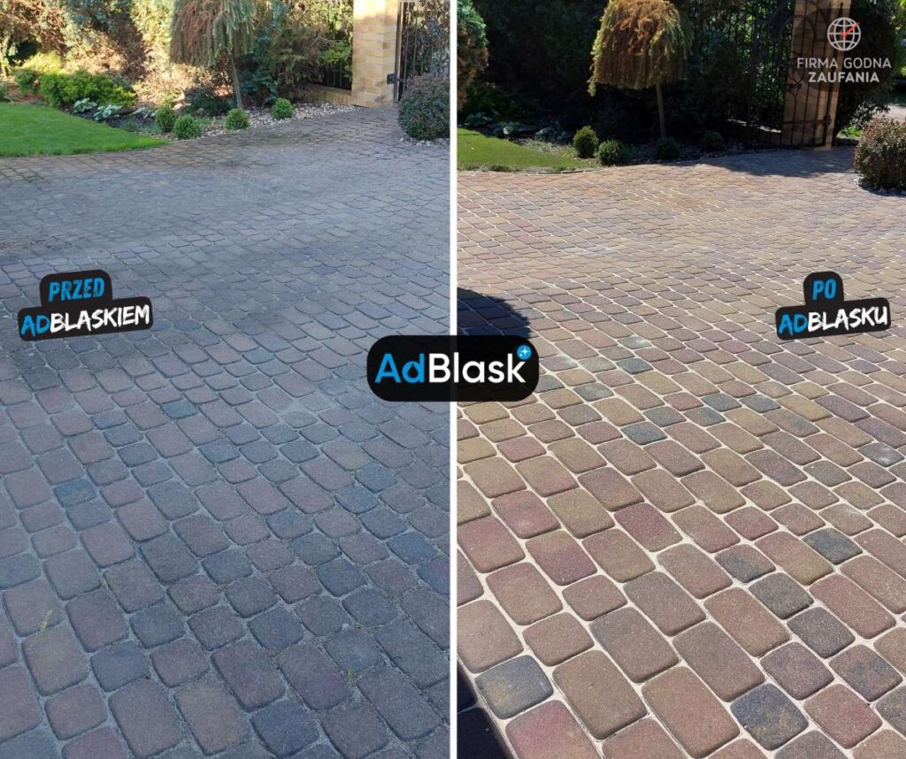 Mycie kostki brukowej Toruń duży podjazd ogrodowy przed i po czyszczeniu kostki