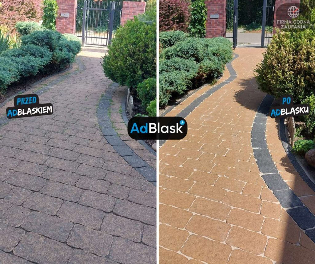 Impregnacja kostki brukowej Toruń ścieżka do furtki przed i po czyszczeniu kostki brukowej