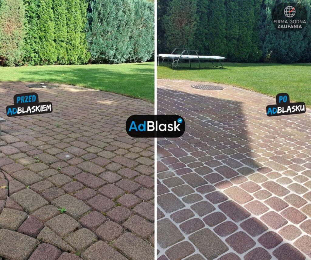 Mycie kostki brukowej Toruń taras ogrodowy z kostki przed i po czyszczeniu