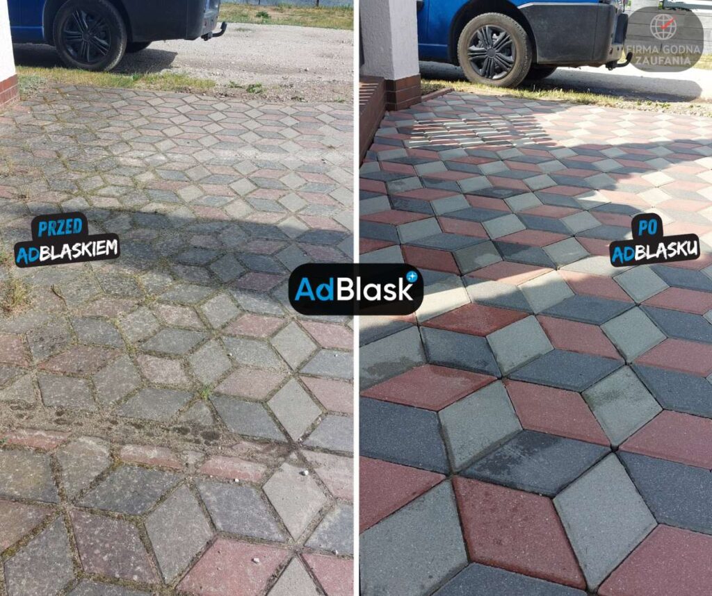 Mycie i czyszczenie kostki brukowej Włocławek hexagonalna kostka przed i po odświeżeniu