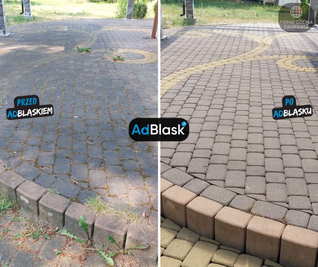 Mycie kostki brukowej Włocławek plac z dekoracyjnej kostki przed i po odchwaszczeniu