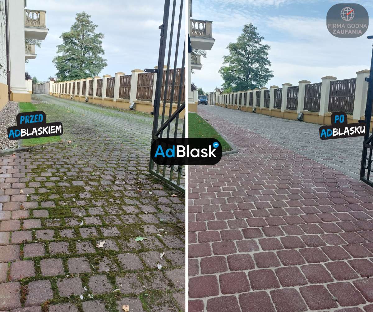 Podjazd z kostki brukowej przy ogrodzeniu przed i po myciu– kostka odzyskuje kolor